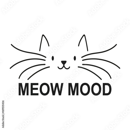 Cute cat face with meow mood text isolated on transparent background