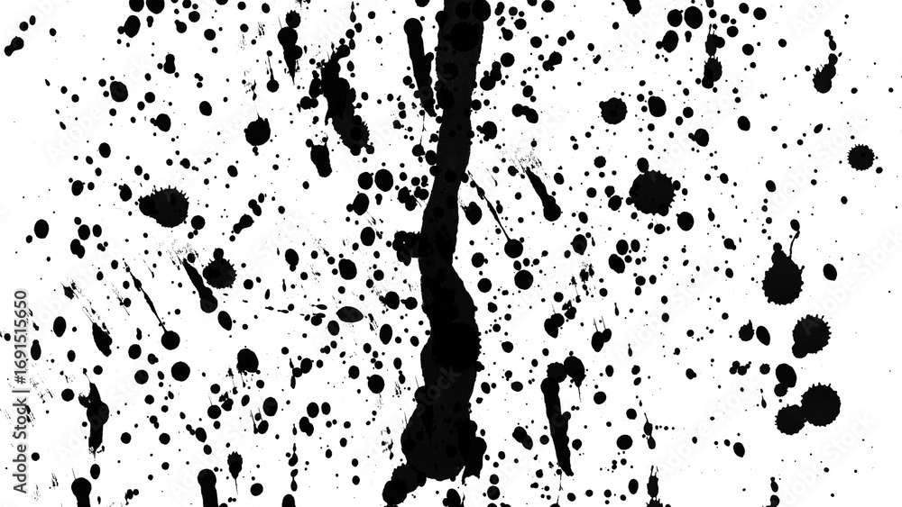 Obraz premium abstract black ink sprayed splatter on a transparent background. Blotter spots, liquid paint drip drop splash and ink splatter. Artistic dirty grunge abstract spot. splat messy inkblot.
