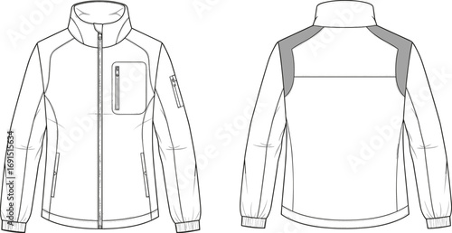 Technical jacket sketch, front and back view, high collar, zip pockets, fashion design, garment blueprint, outerwear concept, apparel illustration