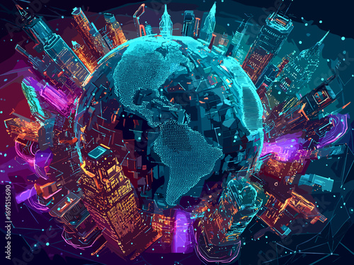 A stunning futuristic digital representation of Earth, surrounded by towering neon-lit skyscrapers and glowing urban structures. The globe is composed of a network of digital grids and intricate data 