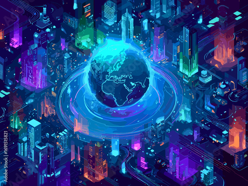 A stunning futuristic digital representation of Earth, surrounded by towering neon-lit skyscrapers and glowing urban structures. The globe is composed of a network of digital grids and intricate data 