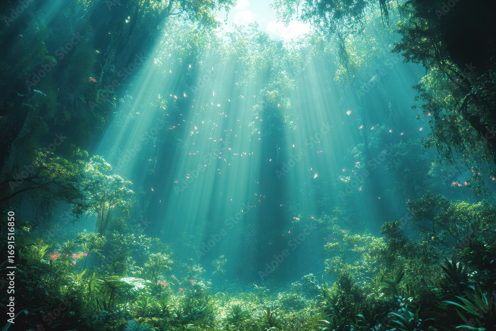 Fototapeta premium Sunlight streams through the dense jungle foliage.