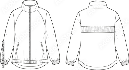 Technical, flat, sketch, jacket, front, back, view, high, collar, raglan, sleeve, zipper, elastic, cuff, hem, fashion, design, apparel, construction, outerwear