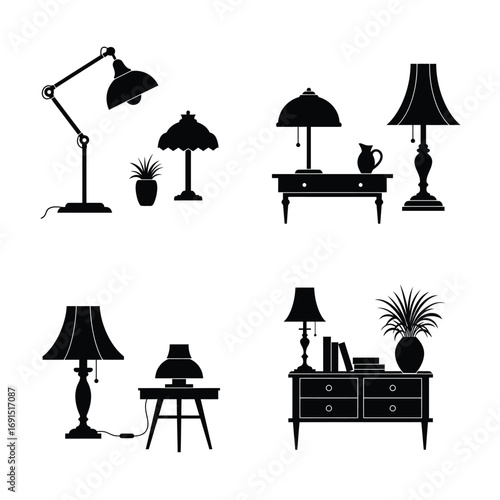 Collection of vintage silhouette table and desk lamps with decorative elements on white background