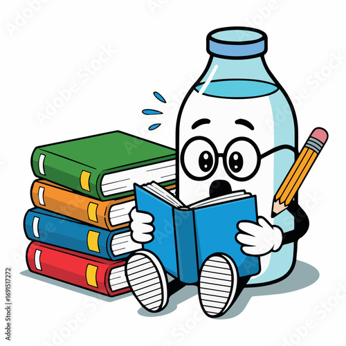 Illustration of milk bottle reading books and writing with pencil education learning studying knowledge 100