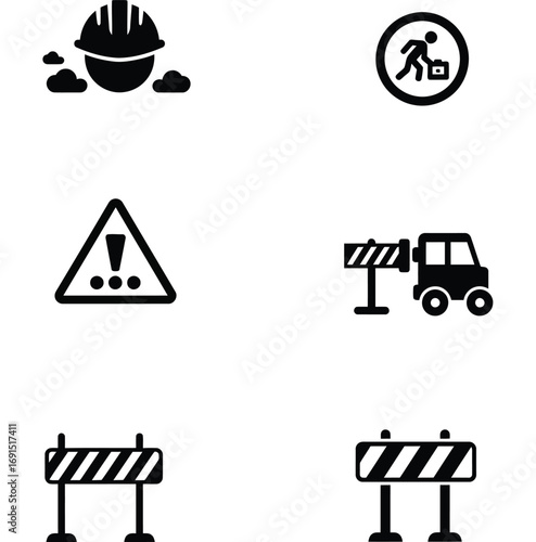Collection of six black and white construction and safety icons representing hard hat caution road work and barriers