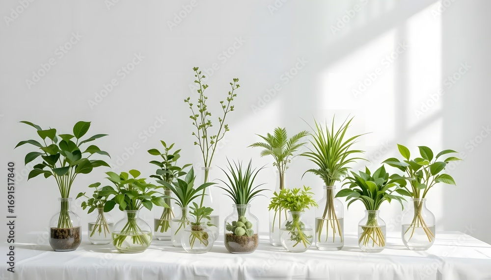 Fototapeta premium Collection of Plants in Glass Vases on White Table – Minimal Indoor Gardening Concept
