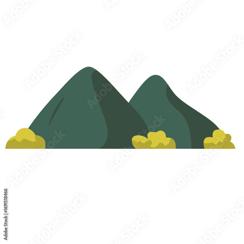 Twin mountain peaks illustration with yellow rocks, perfect for outdoor adventure and natural scenic designs.
