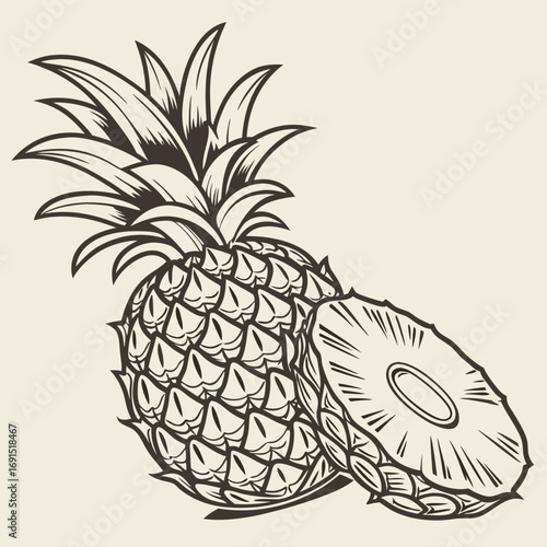 Detailed monochrome illustration of a fresh pineapple fruit with a slice.