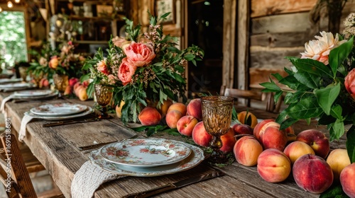 Peach blossom rustic table setting