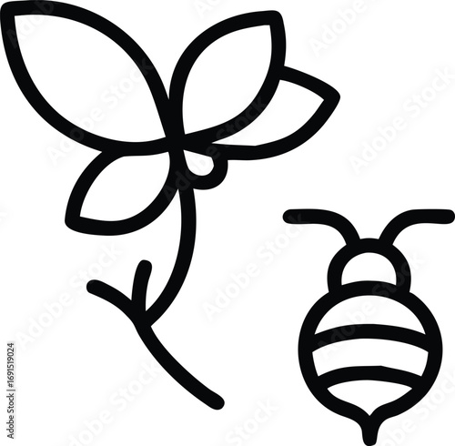 Honey flower with bee simple line art illustration for organic products