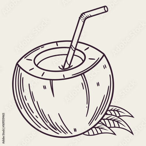 Refreshing coconut drink with straw ready to be enjoyed on a sunny day.