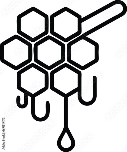 Honeycomb and dipper in outline style for beekeeping or food concepts icon