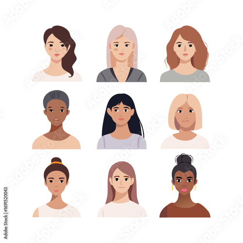 Vector women portraits set. Minimal aesthetic female avatars for social media networks. Flat style neutral colors diverse women faces collection. Different skin tones and hairstyle cartoon web ... See