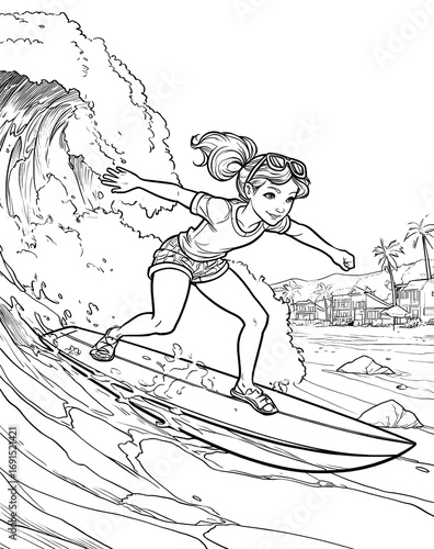 A girl surfing on the beach coloring page