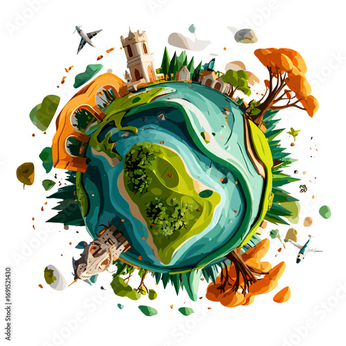 A vibrant 3D spherical illustration showcasing a lush, green landscape, complete with a meandering river, trees, bridges, and buildings, creating a peaceful and harmonious environment. The planet's de