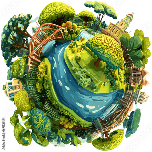 A vibrant 3D spherical illustration showcasing a lush, green landscape, complete with a meandering river, trees, bridges, and buildings, creating a peaceful and harmonious environment. The planet's de