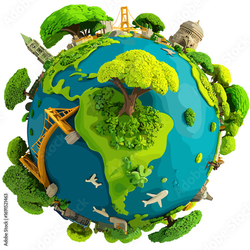 A vibrant 3D spherical illustration showcasing a lush, green landscape, complete with a meandering river, trees, bridges, and buildings, creating a peaceful and harmonious environment. The planet's de
