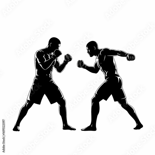 Dynamic black silhouette vector art depicting two professional fighters in an aggressive combat stance