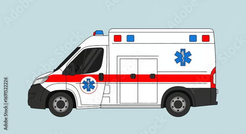 Vector illustration of an emergency ambulance truck with siren lights and medical symbols, isolated on a background