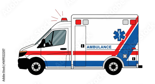 Modern emergency medical transport vehicle, an ambulance, depicted in a side view with a bright, flashing red siren light, signifying urgent patient care and rapid response for critical situations