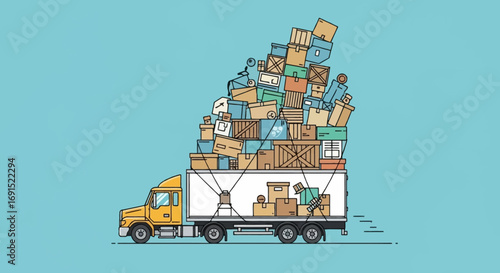 Vector graphic of a freight truck piled high with goods, illustrating concepts of bulk shipping, e-commerce fulfillment, and supply chain overload