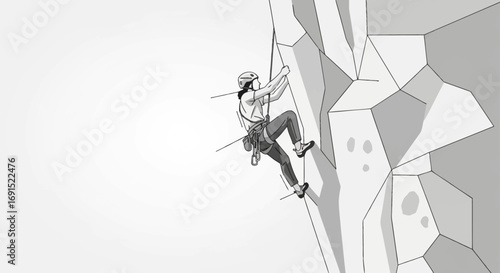 An illustration of a female rock climber ascending a steep, rocky cliff face with safety equipment