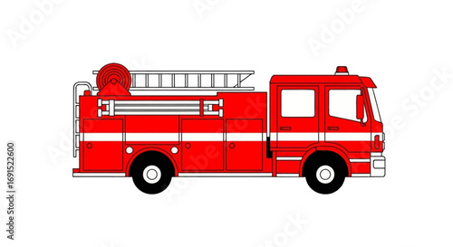 Vector illustration of a bright red fire engine, an emergency response vehicle for firefighters, shown in a side profile on an isolated white background
