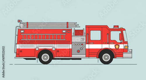 A flat design illustration of a vibrant red fire truck, ready for emergency response and rescue operations, representing public safety and quick assistance