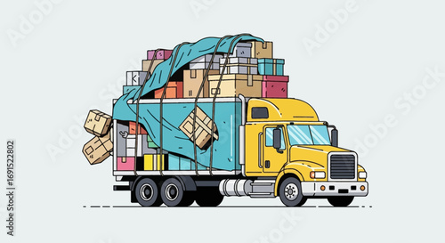 Overloaded Yellow Truck A Humorous Illustration of Moving and Transporting Possessions, with boxes