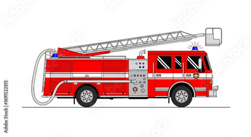 Emergency Fire Truck Illustration of a Red Fire Engine with Ladder