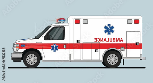 Side profile illustration of a modern emergency ambulance vehicle for medical response and patient transport
