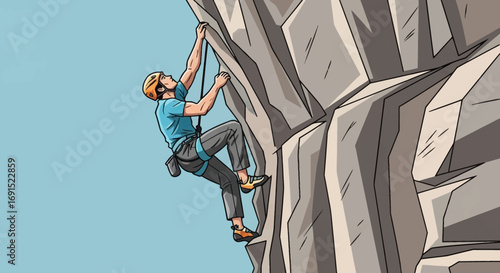 An adventurous man skillfully ascends a steep rock face, demonstrating determination and strength in the challenging sport of rock climbing against a clear blue sky