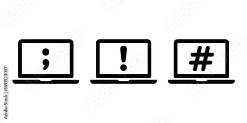 Vector illustration of laptops displaying semicolon exclamation and hashtag symbols on screen 100 char