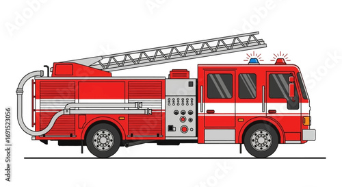Fire Truck Illustration Detailed Side View of a Classic Fire Engine