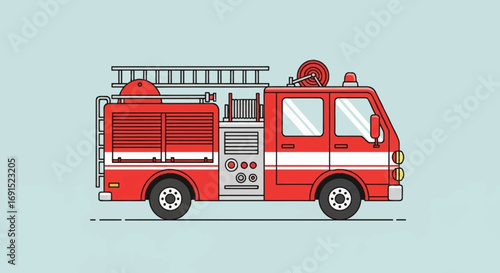 Flat line art illustration of a red fire truck, a symbol of emergency services, firefighting, and public safety