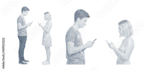 Illustration of a man and a woman facing each other using a cell phone created with square pixels with blue tones on a white background.