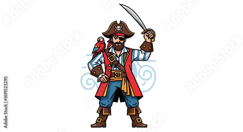 Swashbuckling pirate character illustration with a trusty parrot companion, brandishing a gleaming cutlass for grand high seas adventures