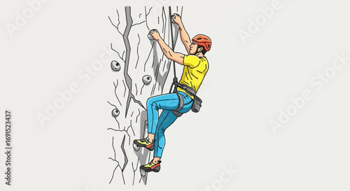 An adventurous individual, equipped with essential safety gear, demonstrates impressive strength and agility while engaged in the exhilarating sport of rock climbing on an artificial indoor wall