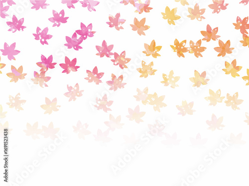 モミジの紅葉イメージの背景素材。水彩風テクスチャー。葉っぱのシルエット。かわいい色調。光の粒子や水滴の輝き。コピースペース