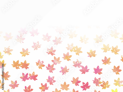 モミジの紅葉イメージの背景素材。水彩風テクスチャー。葉っぱのシルエット。かわいい色調。光の粒子や水滴の輝き。コピースペース