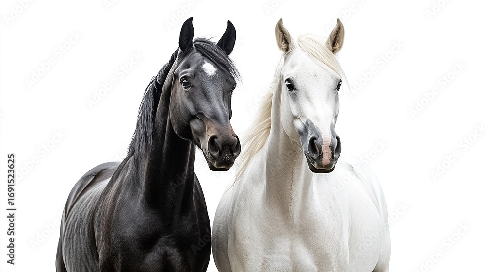 Obraz premium Two noble horses white and black standing still against.