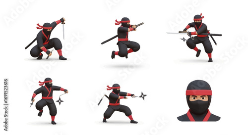 Ninja warrior in action poses, wielding swords and shuriken, dynamic illustration set