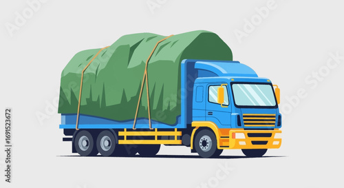 Vector Illustration of a Modern Blue Cargo Truck with a Green Tarp, Depicting Efficient Freight Transportation and Reliable Logistics for Seamless Goods Delivery Services