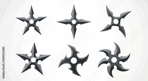 Collection of six throwing stars, or shuriken, weapons, on a light background, representing martial arts and combat