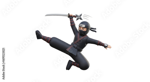 Dynamic 3D illustration of a ninja warrior in a mid-air action pose, brandishing a sword and shuriken on a white background