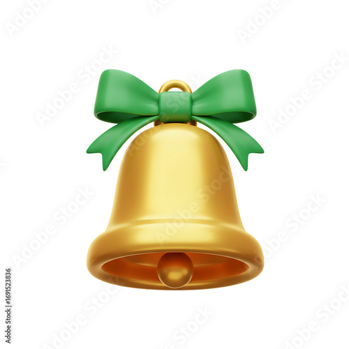 Golden christmas bell with green bow isolated on transparent background