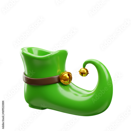 Green elf shoe with golden bell isolated on transparent background for christmas decoration
