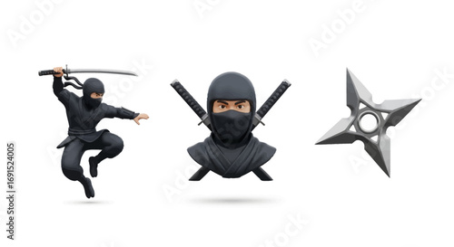 Dynamic 3D rendered ninja illustrations agile warrior, masked bust, and a sharp shuriken weapon, perfect for action and martial arts projects