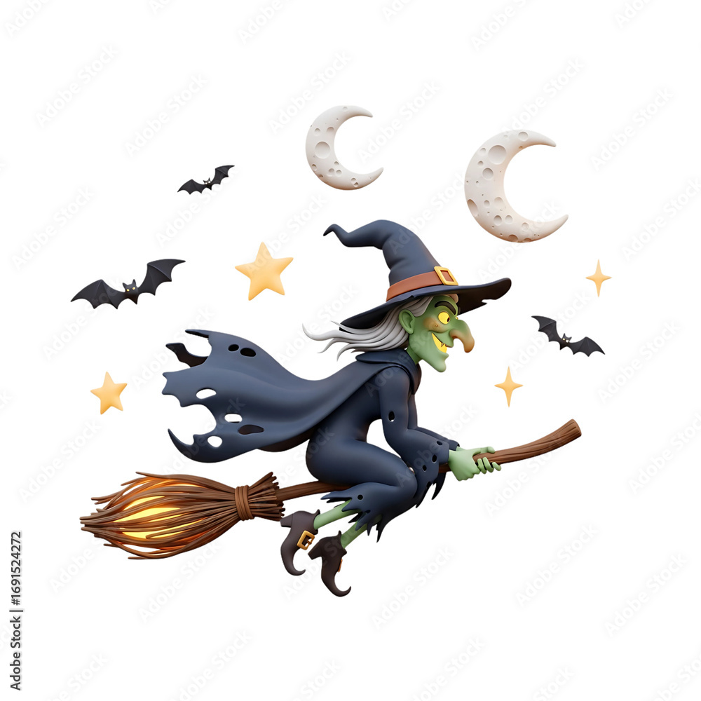Fototapeta premium Wicked witch flying on broomstick with stars and moon isolated on white background - Halloween Witch Flying on Broom
